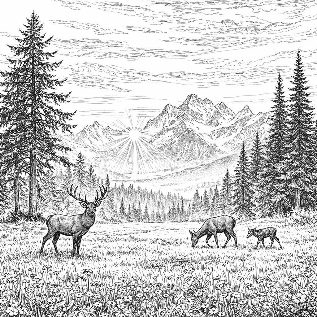 Deer grazing in a wildflower meadow with snow-capped mountains and sunset sky